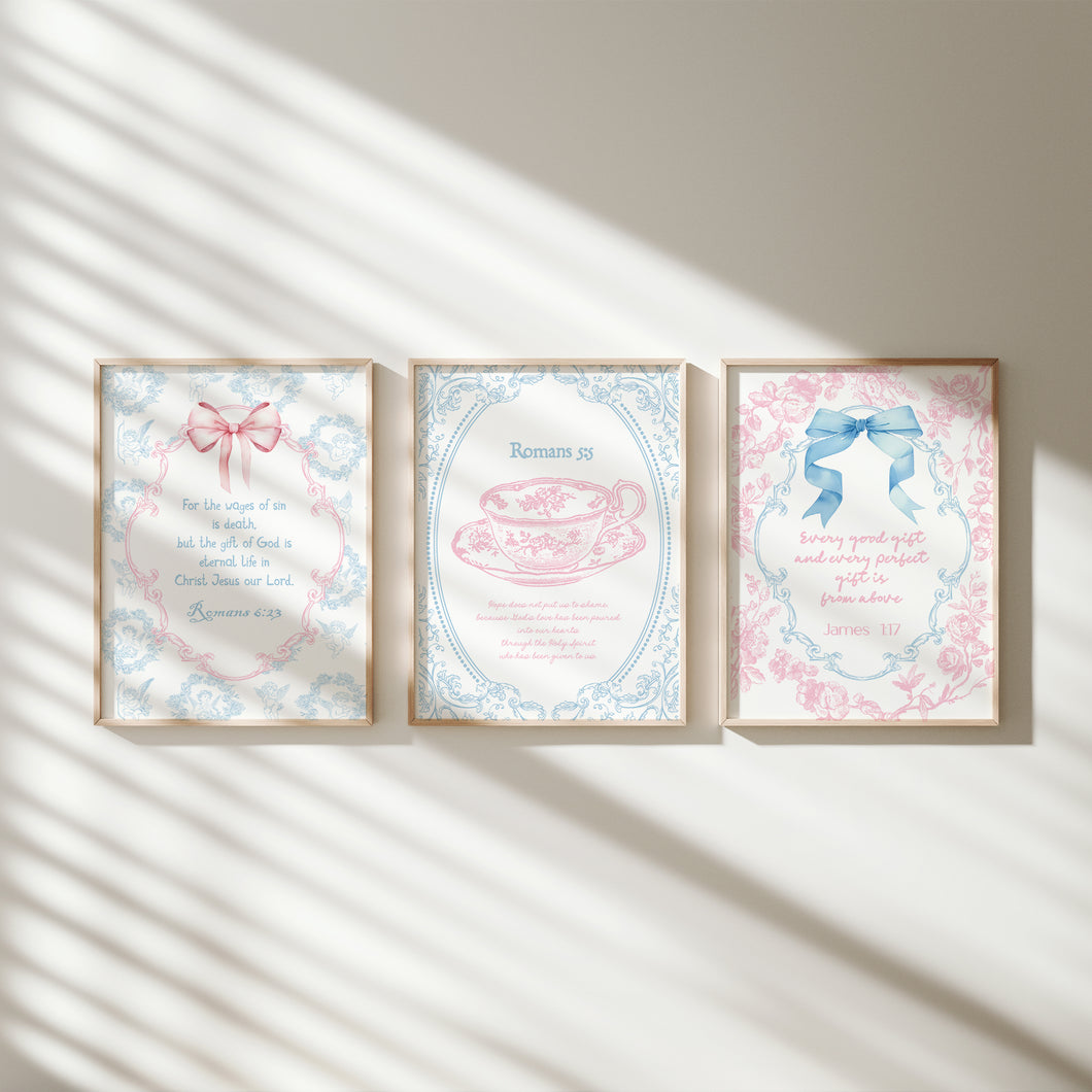 set of 3 pink blue coquette bible verse wall art prints