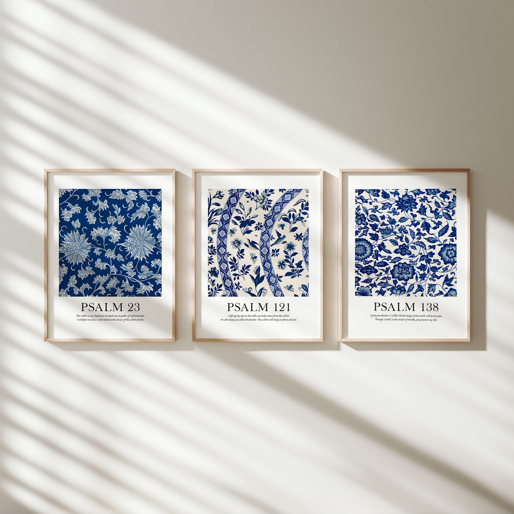 set of 3 blue chinoiserie pattern bible verse art prints