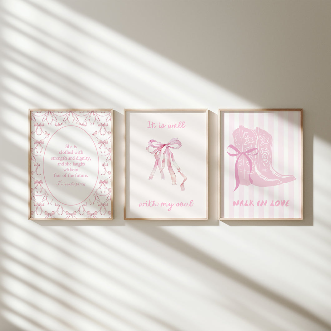 set of 3 Pink trendy girly bible verse wall art prints