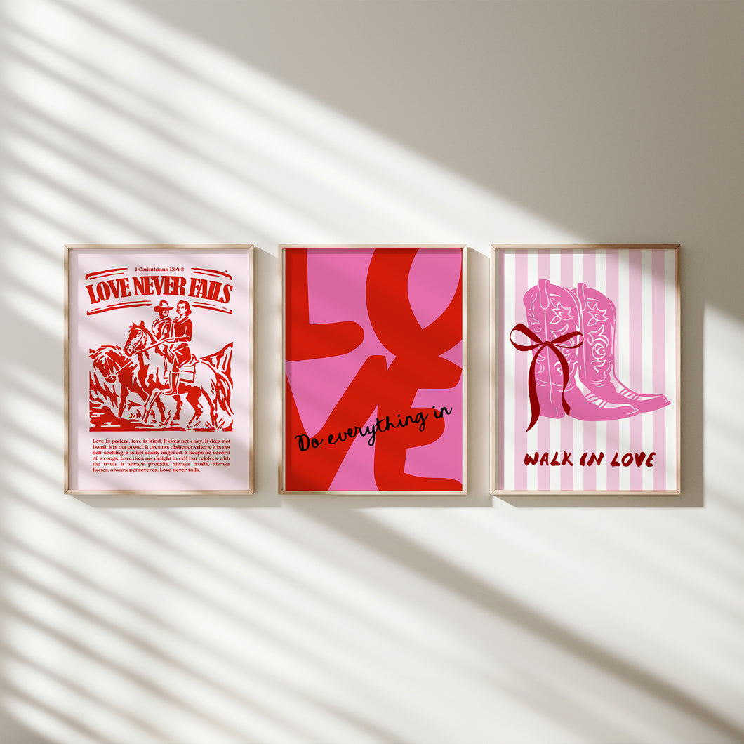set of 3 Pink red valentines cowgirl bible verse art prints