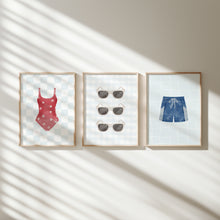 Load image into Gallery viewer, Watercolor summer swimsuit sunglasses painting set of 3 art print 07-33702

