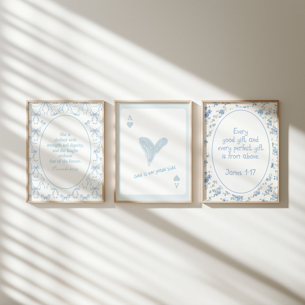 set of 3 Blue trendy girly bible verse wall art prints