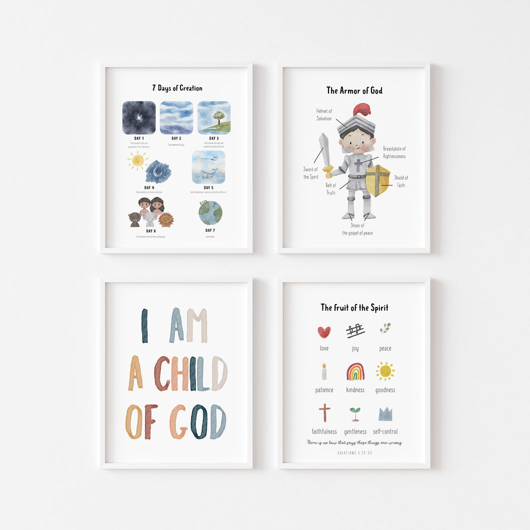 Watercolor Christian kids set of 4 biblical educational art prints 07-146