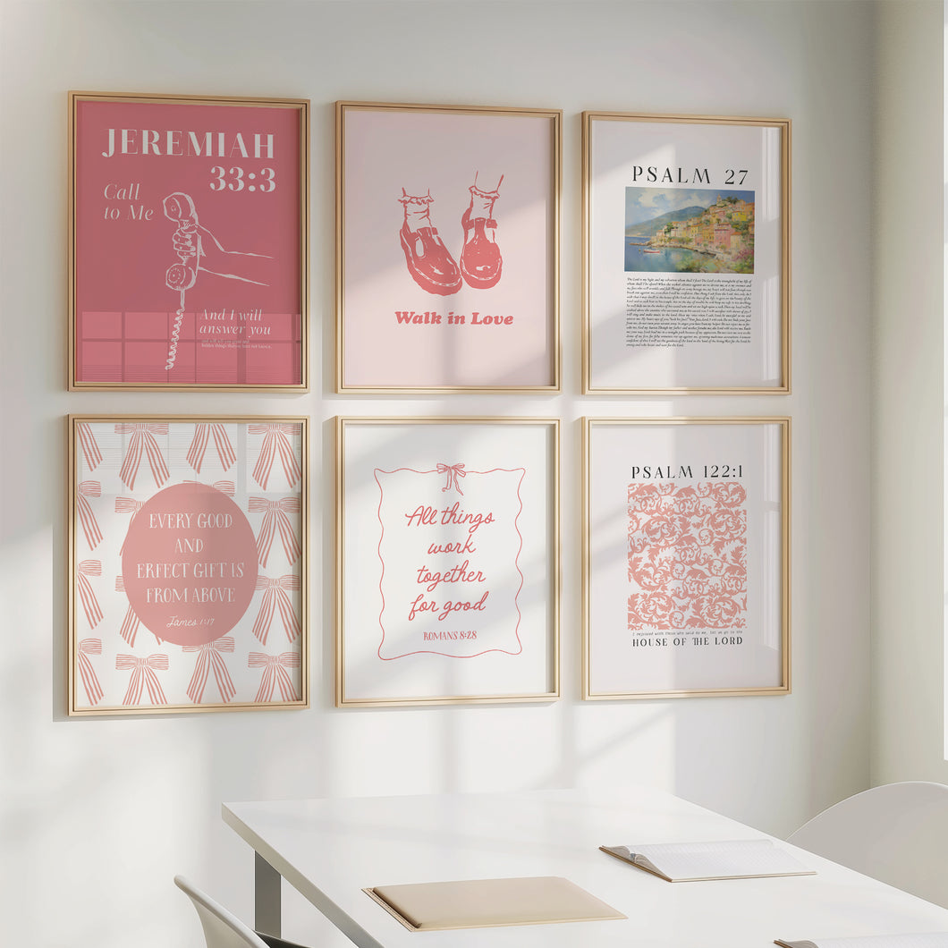 Modern Pink aesthetic set of 6 scripture wall art prints