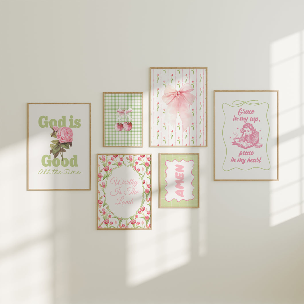 Pink green set of 6 Christian wall art prints 02-322