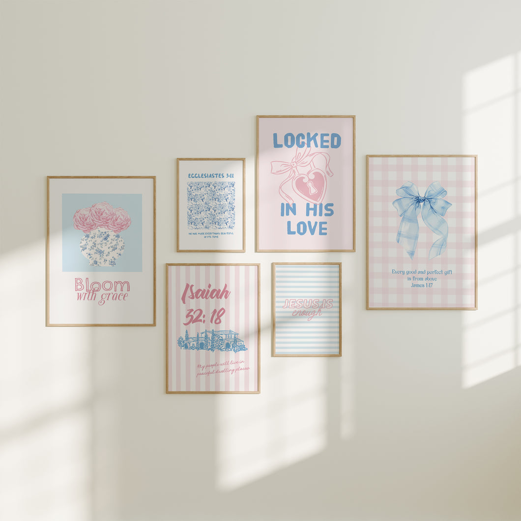 Pink blue set of 6 Christian wall art prints 02-323