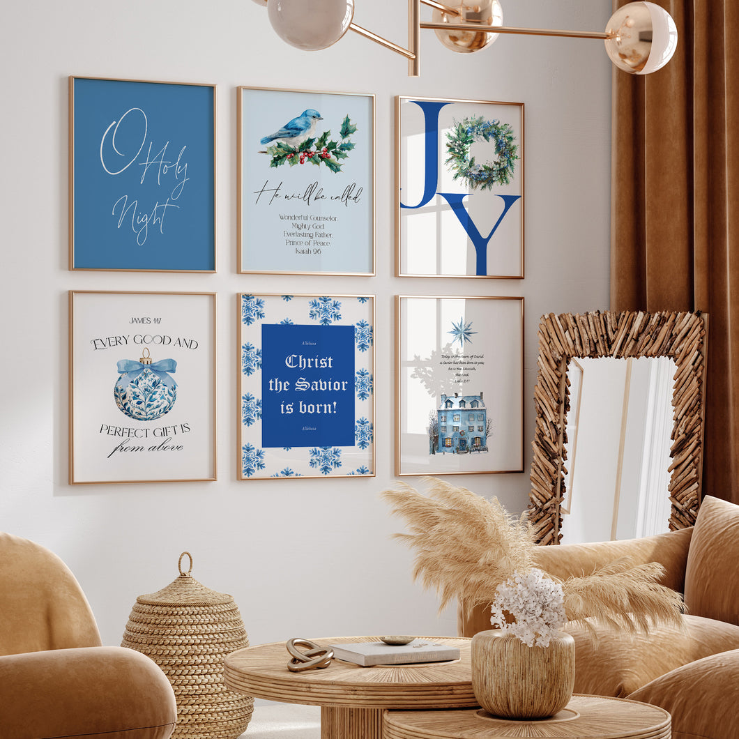 Set of 6 Blue Christian Christmas Bible Verse Wall Art Prints 13-211