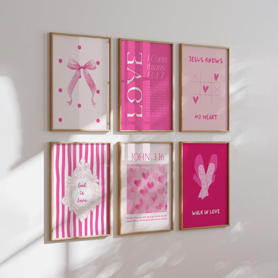 Aesthetic pink Valentines coquette set of 6 bible verse girly art prints