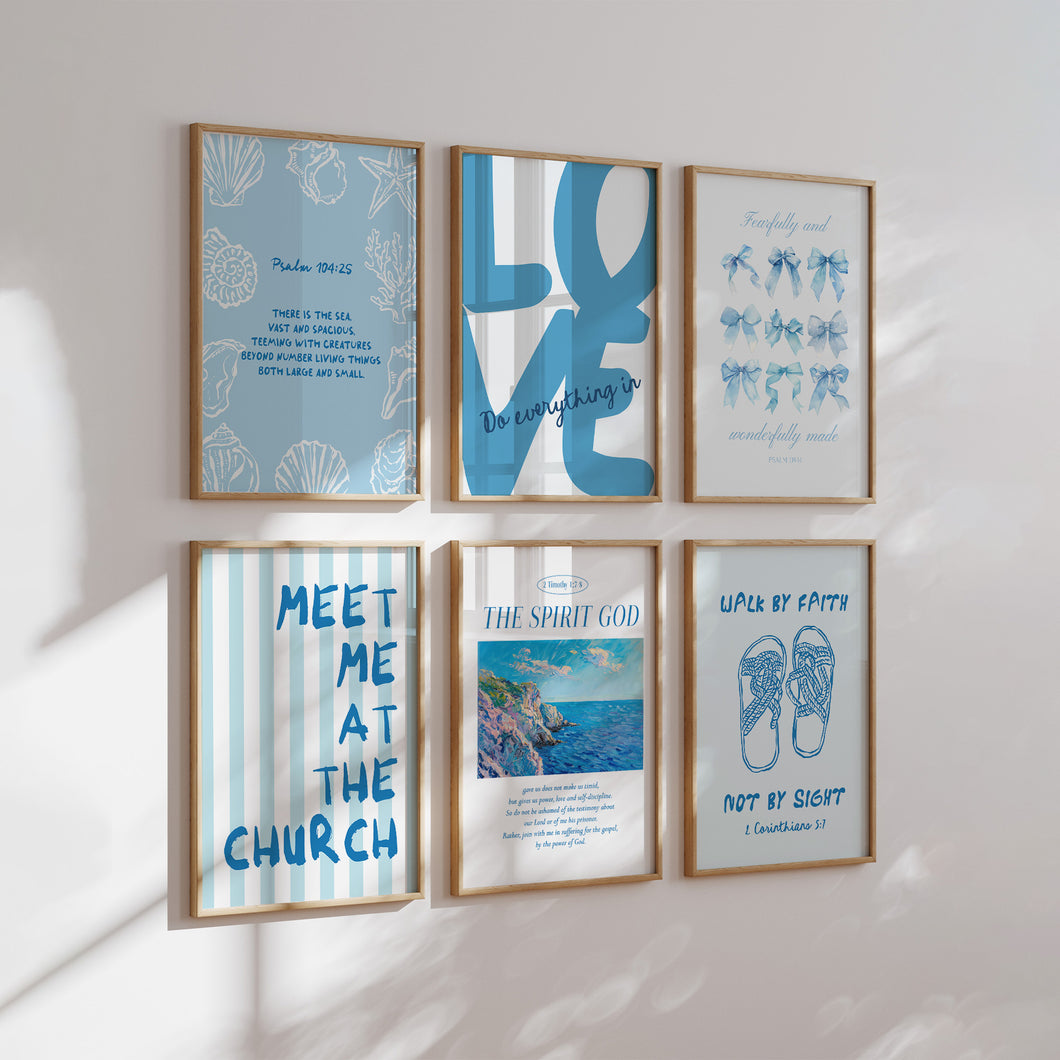 Blue set of 6 Summer beach house Christian wall art prints