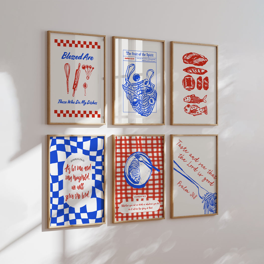 Modern Blue Red Christian Kitchen Bible verse Gallery wall art prints