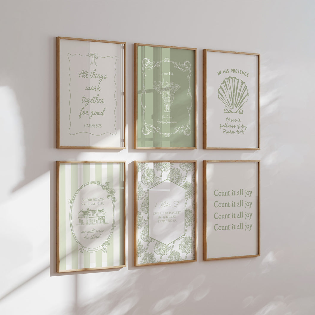 Aesthetic Sage green trendy Christian set of 6 bible verse wall art prints