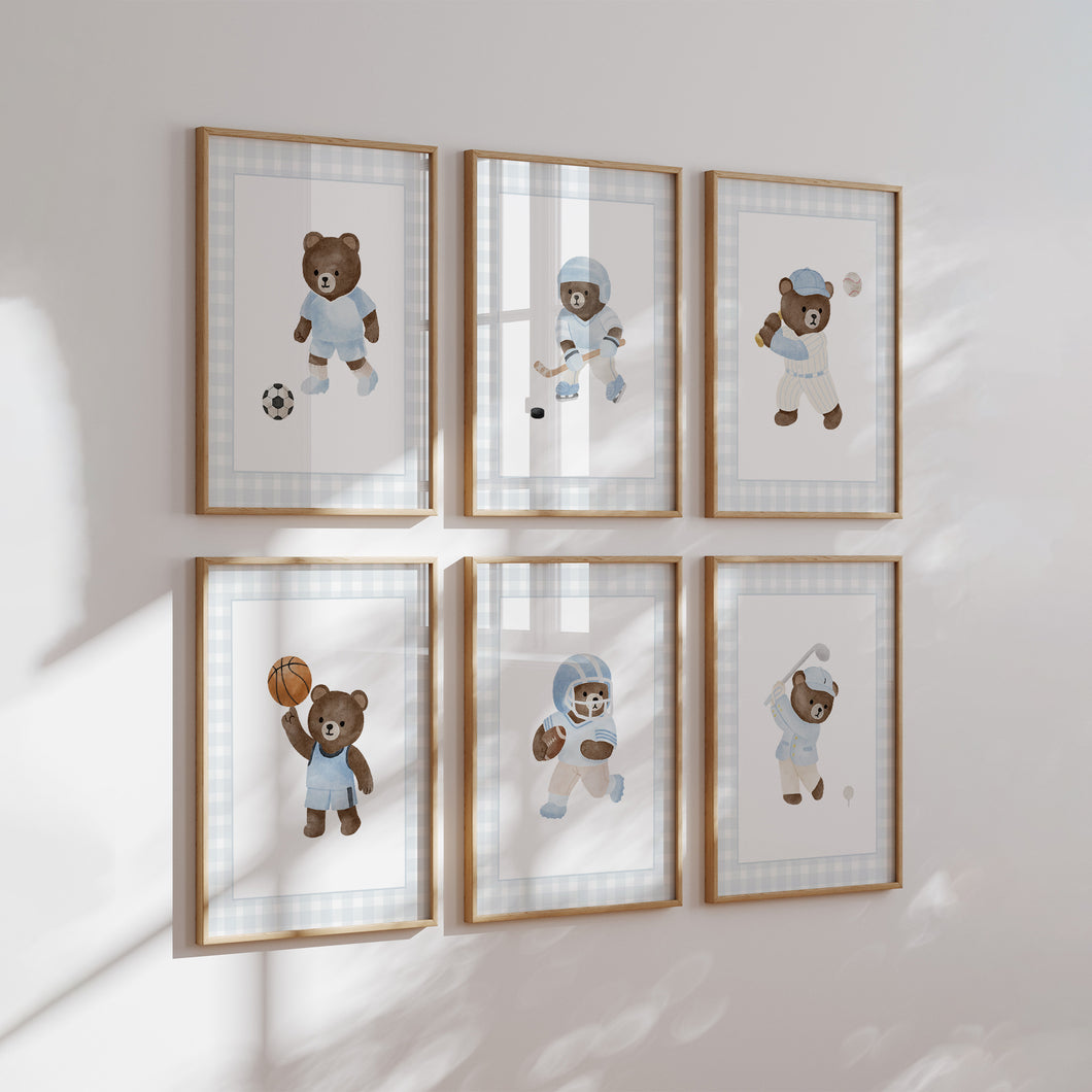 set of 6 Blue gingham sports teddy bear wall art prints 07-340
