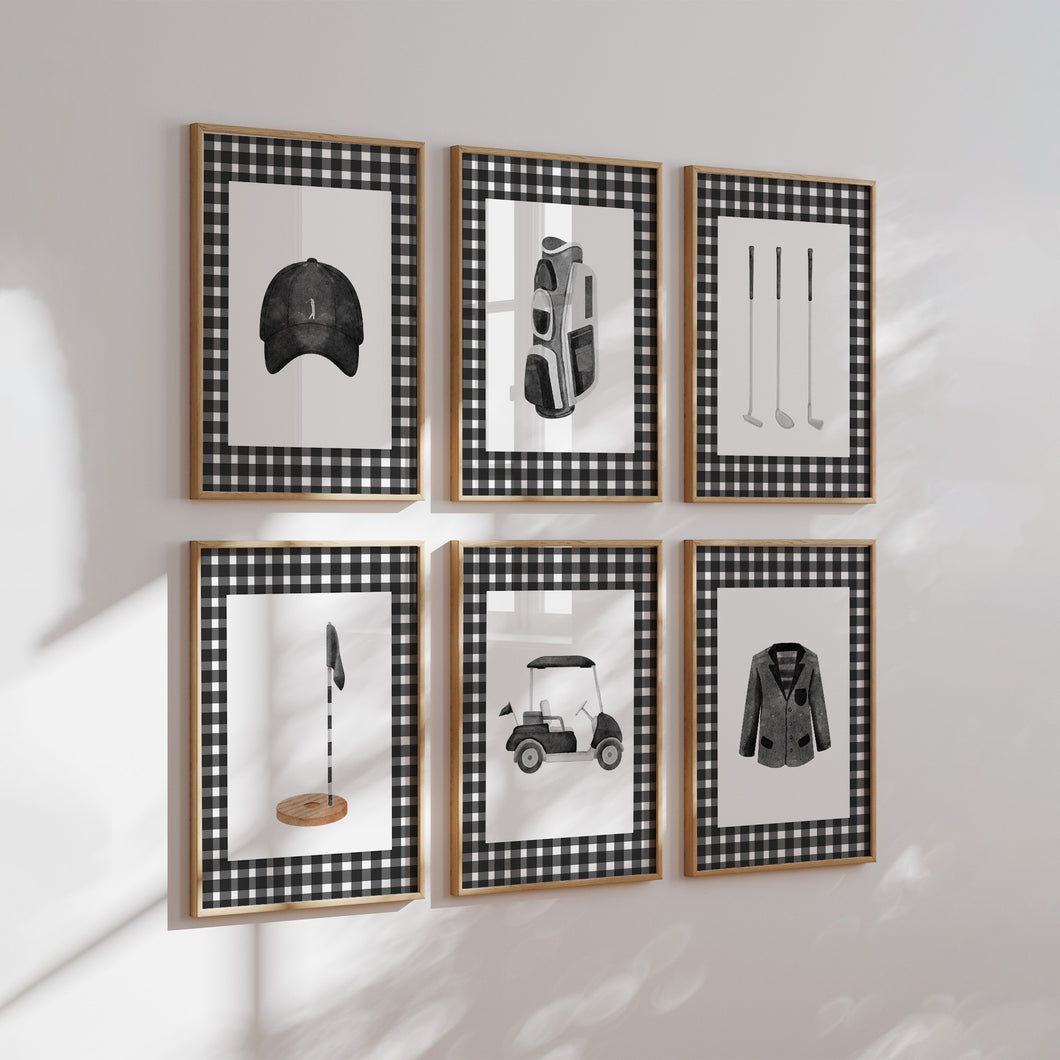 Black gingham pattern watercolor golf set of 6 art print 07-31102