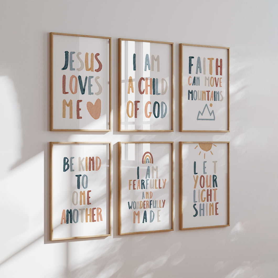 set of 6 boho let your shine Christian kids bible verse art print 07-123