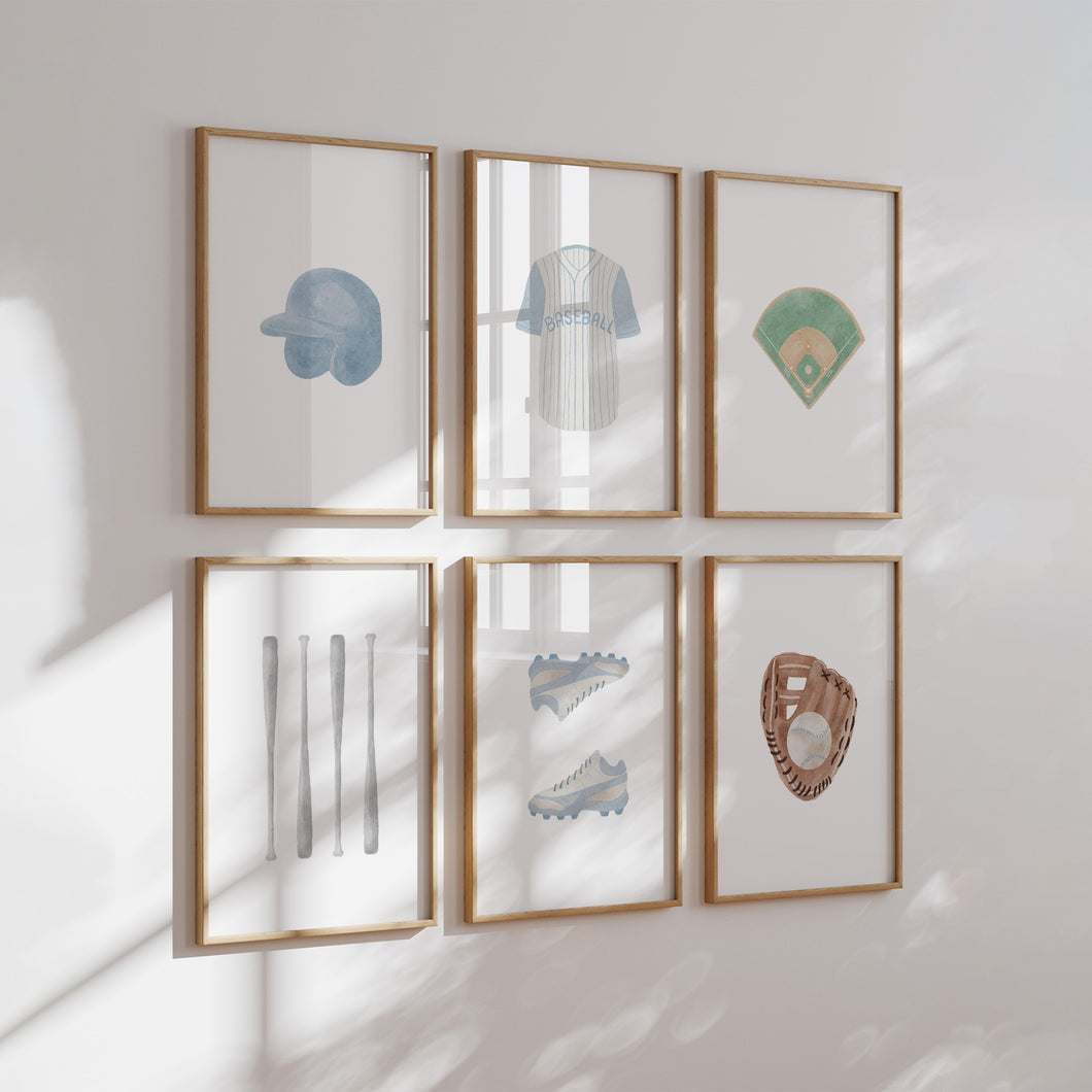 Watercolor Blue baseball set of 6 art print 07-30301