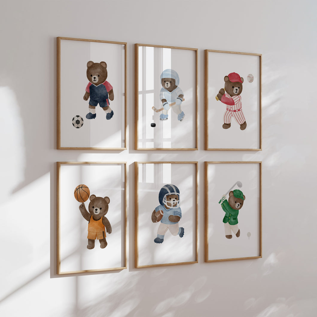 Sports teddy bear set of 6 art prints 07-34001