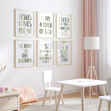 Load image into Gallery viewer, set of 6 sage green let your shine Christian kids bible verse art print 07-123
