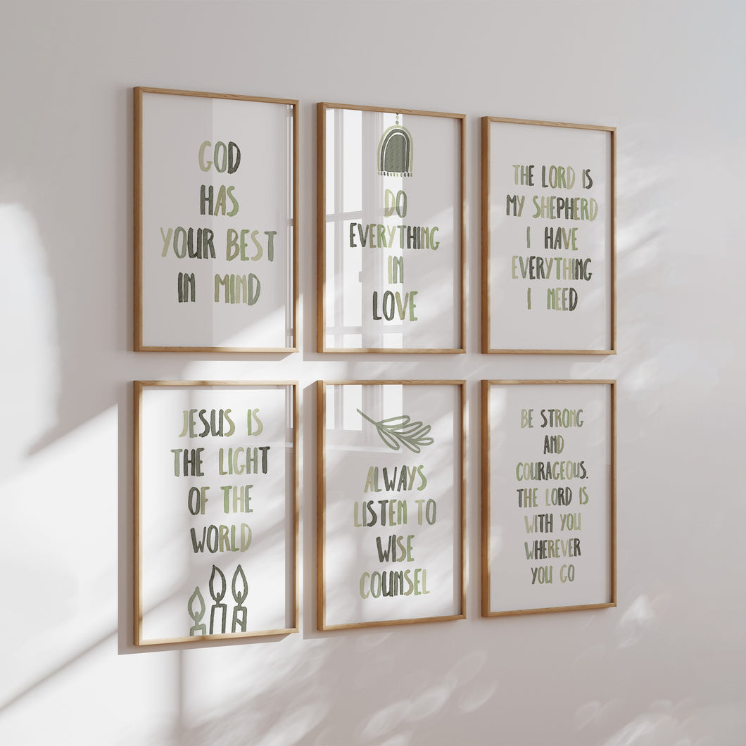 set of 6 sage green Christian kids bible verse art prints 07-20106
