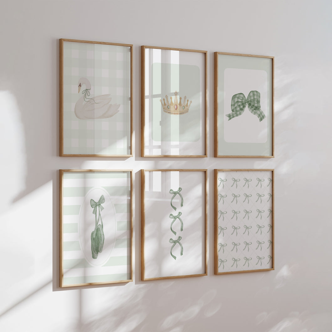 Watercolor Sage Green coquette set of 6 nursery art print 07-321