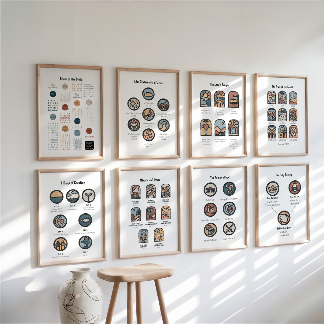 Set of 8 boho Christian kids educational bundle art prints 07-226