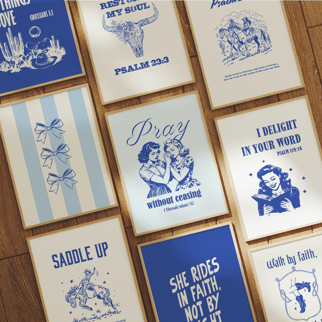 Set of 9 blue cowgirl Christian bible verse wall art 02-321