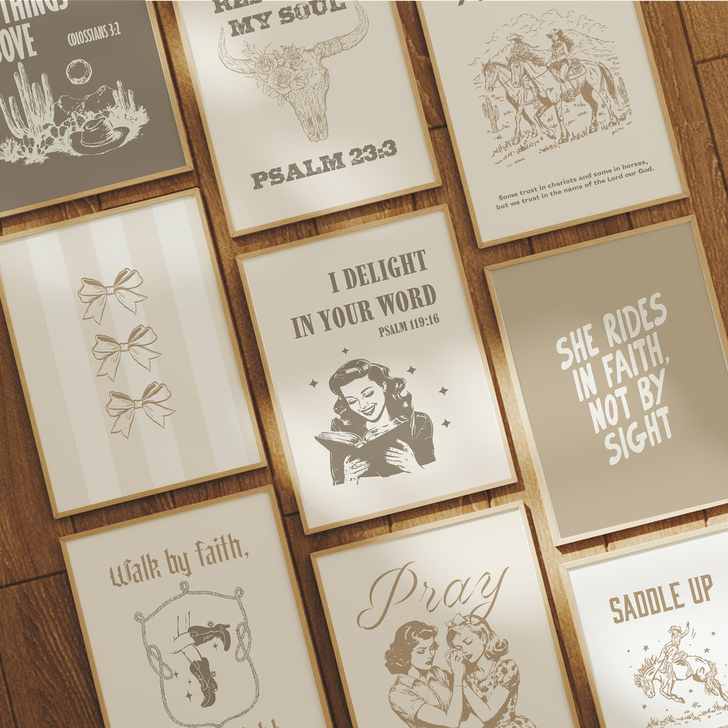 Retro set of 9 Neutral cowgirl Christian bible verse wall art 02-325