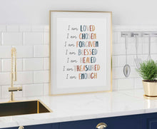 Load image into Gallery viewer, Boho Christian kids affirmation I an loved art print 07-200
