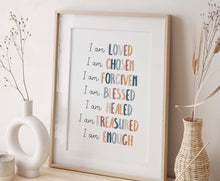 Load image into Gallery viewer, Boho Christian kids affirmation I an loved art print 07-200
