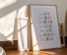 Load image into Gallery viewer, Boho Christian kids affirmation I an loved art print 07-200
