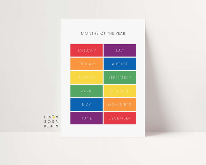[Printed and shipped] Colorful months of the year art print -colorful nursery, educational poster, months of the year, Nursery wall art, nursery wall decor, play room decor, rainbow nursery, 