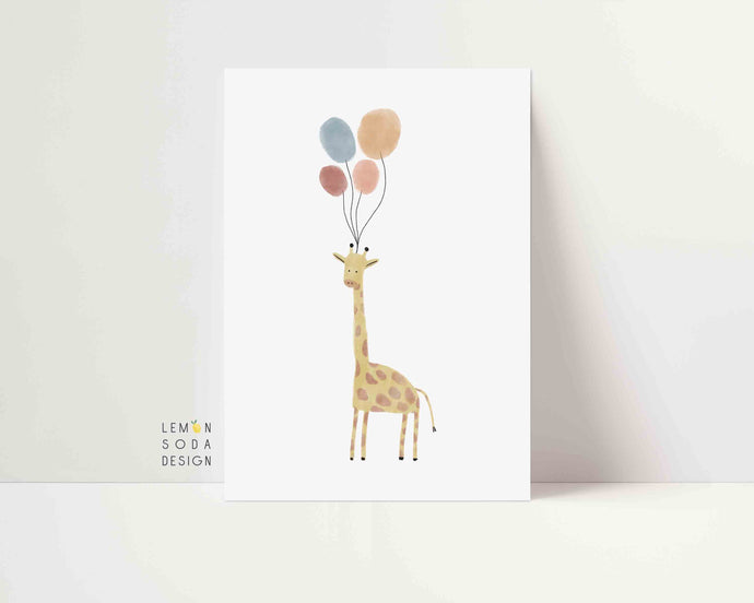 [Printed and shipped] Giraffe balloon art print -boho nursery, boho nursery decor, earth color, earthy nursery, Nursery wall art, nursery wall decor, play room decor, watercolor nursery decor
