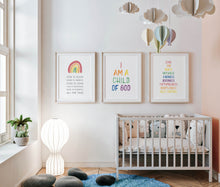 Load image into Gallery viewer, Set of 3 colorful I am a child of God nursery bible wall art prints
