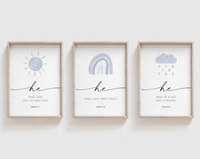Load image into Gallery viewer, Set of 3 Blue nursery bible &quot;HE&quot; wall art prints
