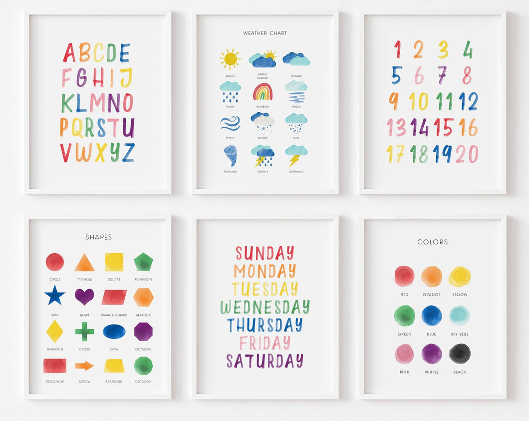 Set of 6 colorful educational art prints