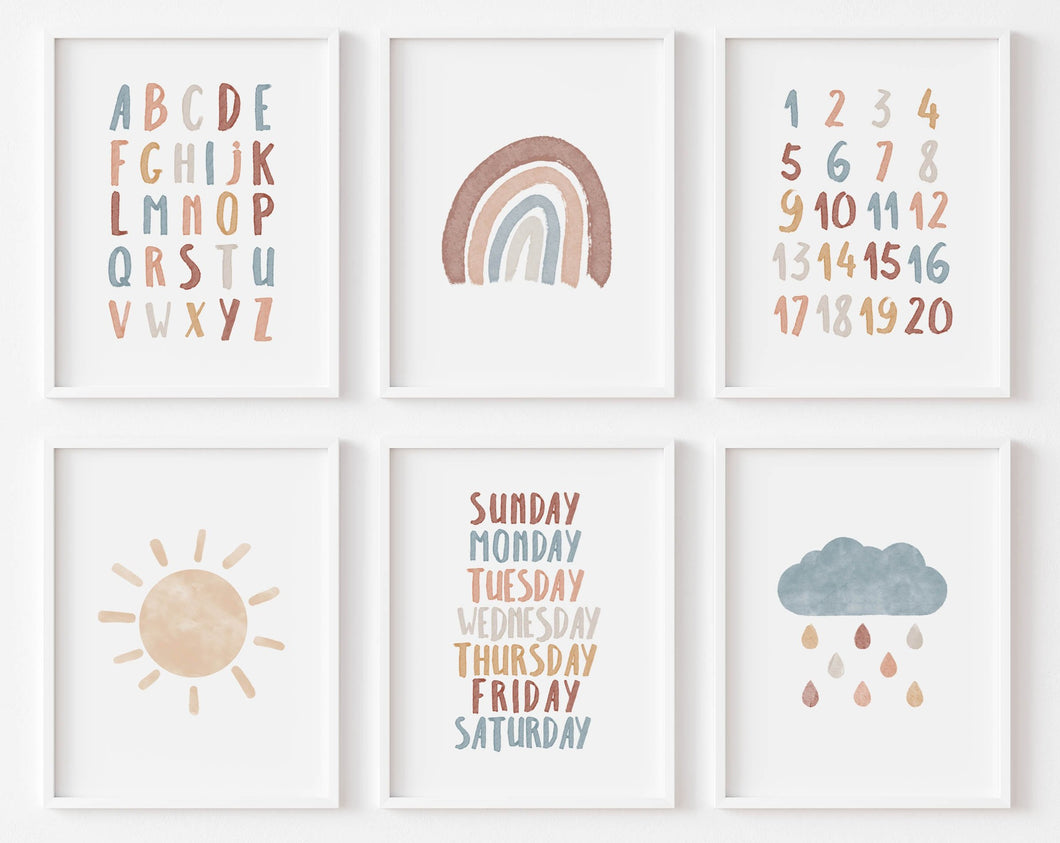 Set of 6 Earthy rainbow and alphabet art prints