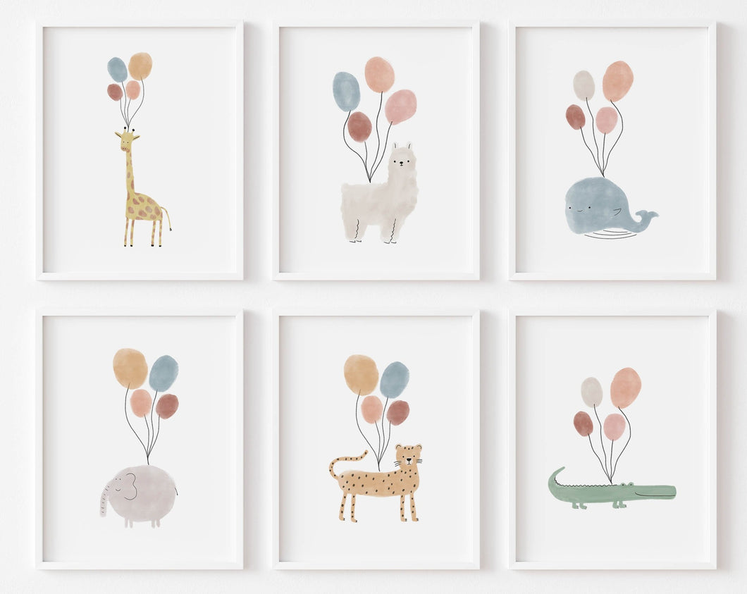 Set of 6 nursery animal balloon wall art