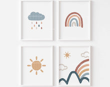 Load image into Gallery viewer, Set of 4 Earthy Color Nursery Sun Rainbow Cloud Mountains Art Print
