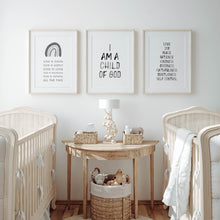 Load image into Gallery viewer, Set of 3 black I am a child of God nursery bible wall art prints
